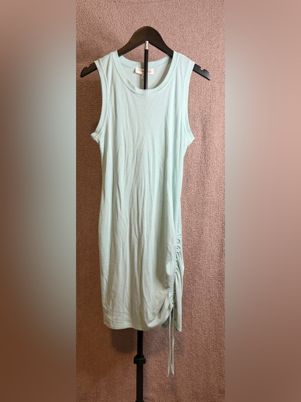 Pink Rose Mint Green Ribbed Bodycon Midi Dress L Side Ruched Drawstring